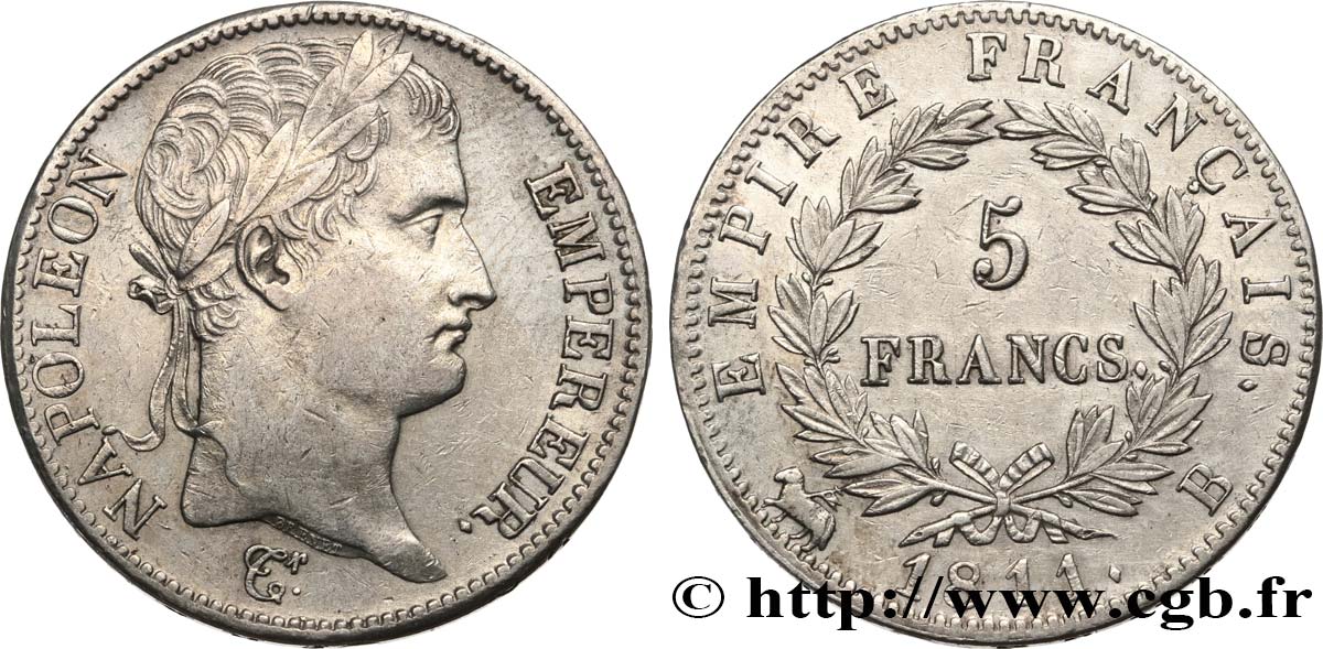 5 francs Napoléon Empereur, Empire français 1811 Rouen F.307/28 AU50 
