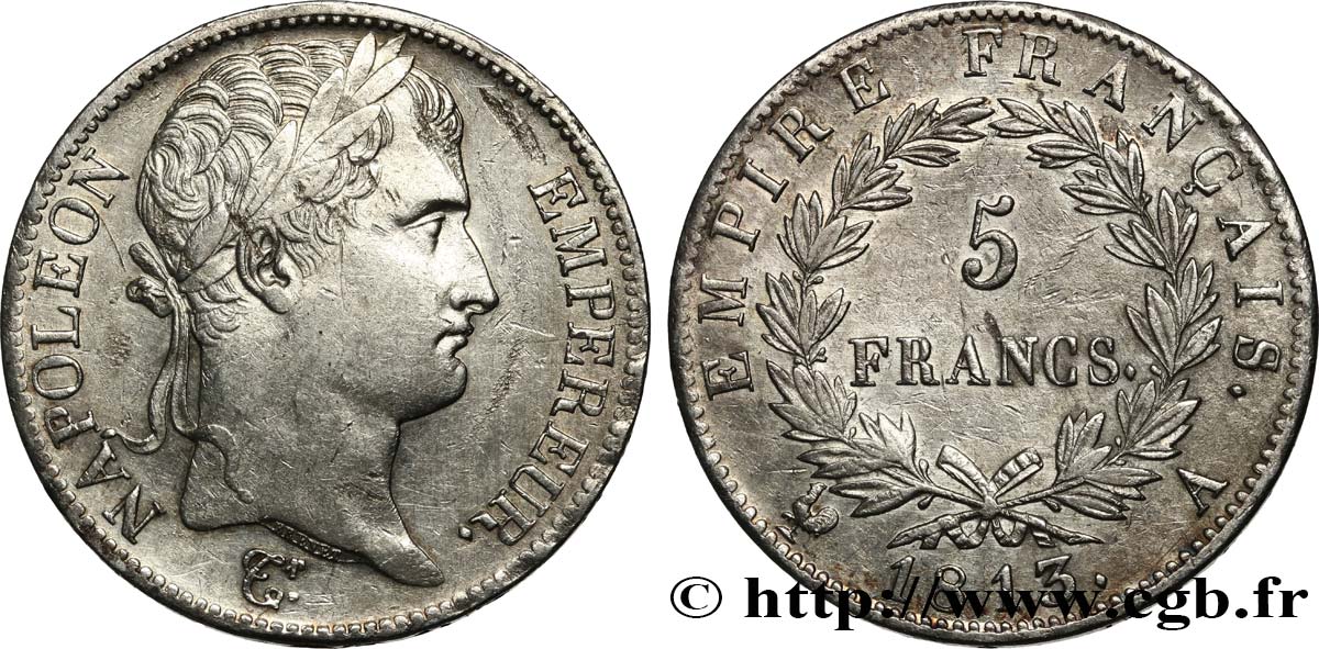 5 francs Napoléon Empereur, Empire français 1813 Paris F.307/58 AU50 