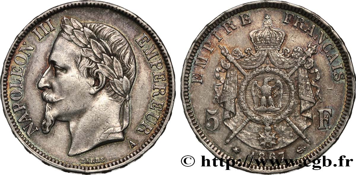 5 francs Napoléon III, tête laurée 1867 Paris F.331/10 BB45 