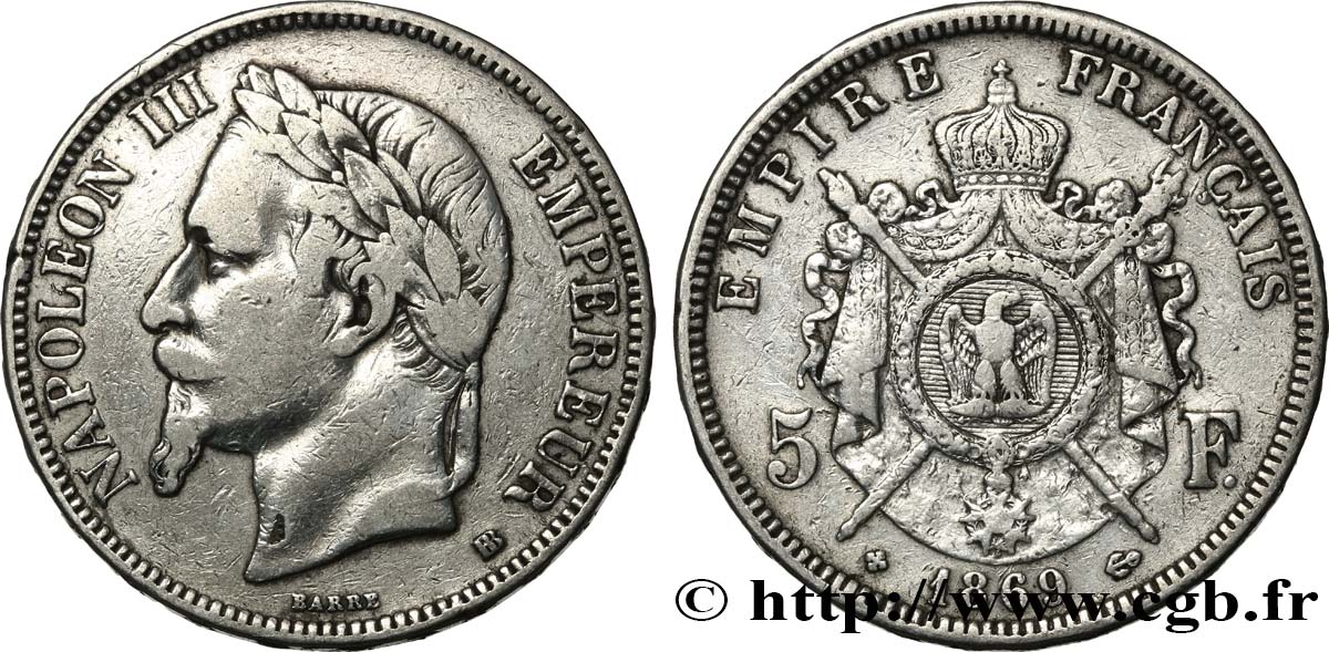 5 francs Napoléon III, tête laurée 1869 Strasbourg F.331/15 VF 