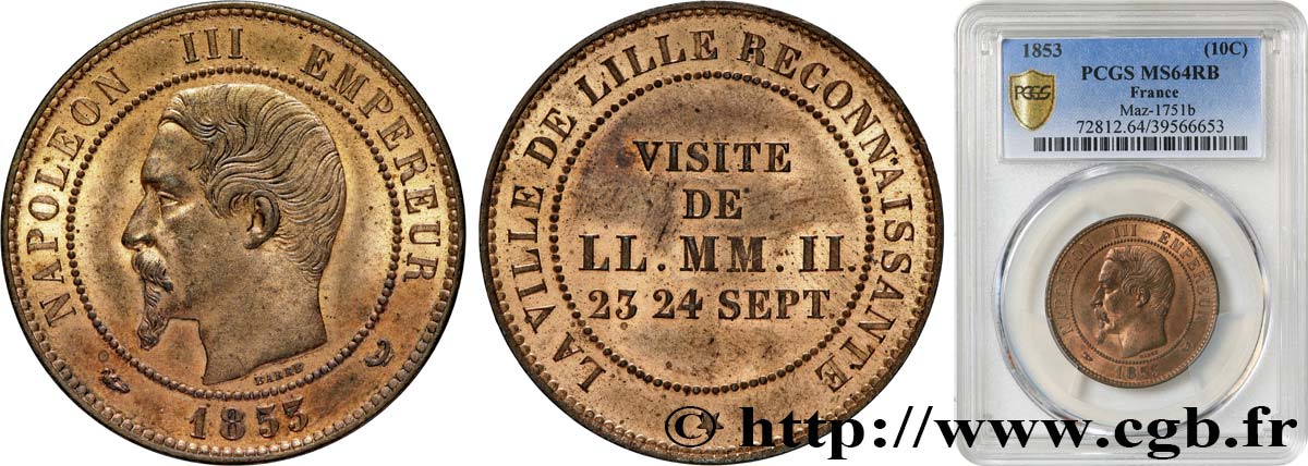 Module de dix centimes, Visite impériale à Lille les 23 et 24 septembre 1853 1853 Lille VG.3365  SPL64 PCGS