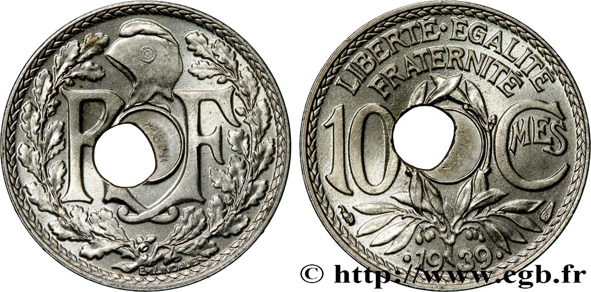 10 centimes Lindauer, maillechort, trou décentré 1939  F.139/3 SC63 