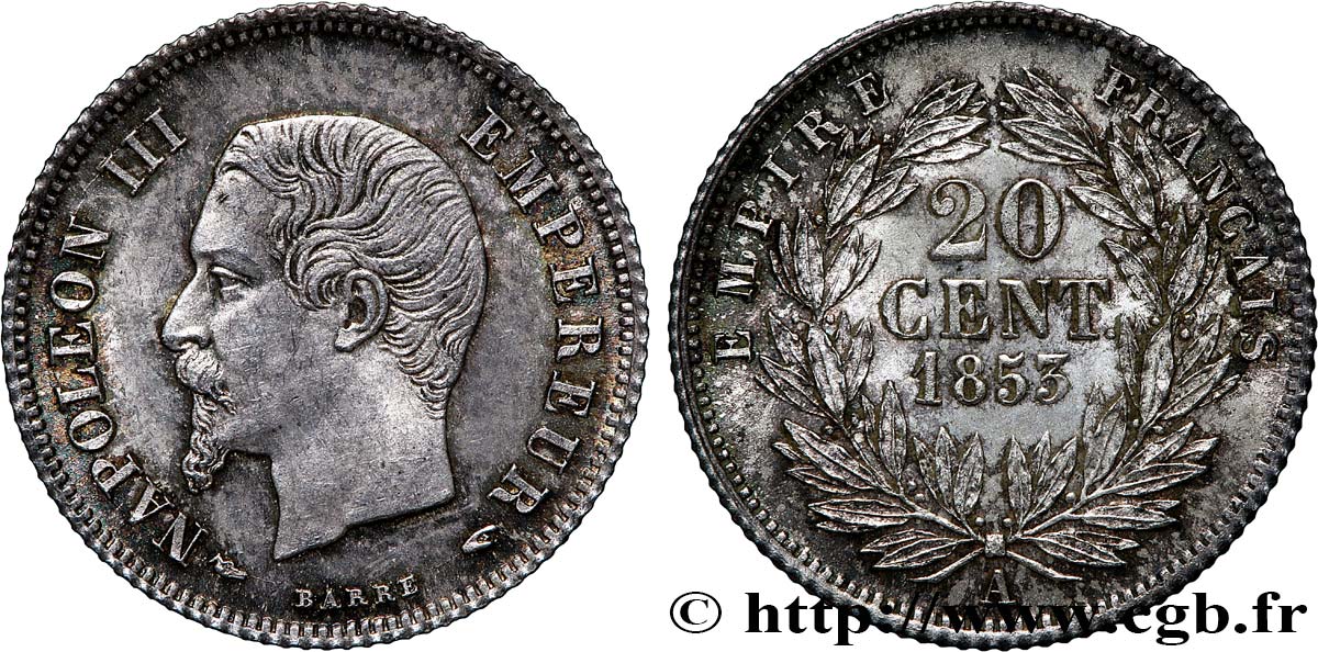 20 centimes Napoléon III, tête nue 1853 Paris F.148/1 EBC60 