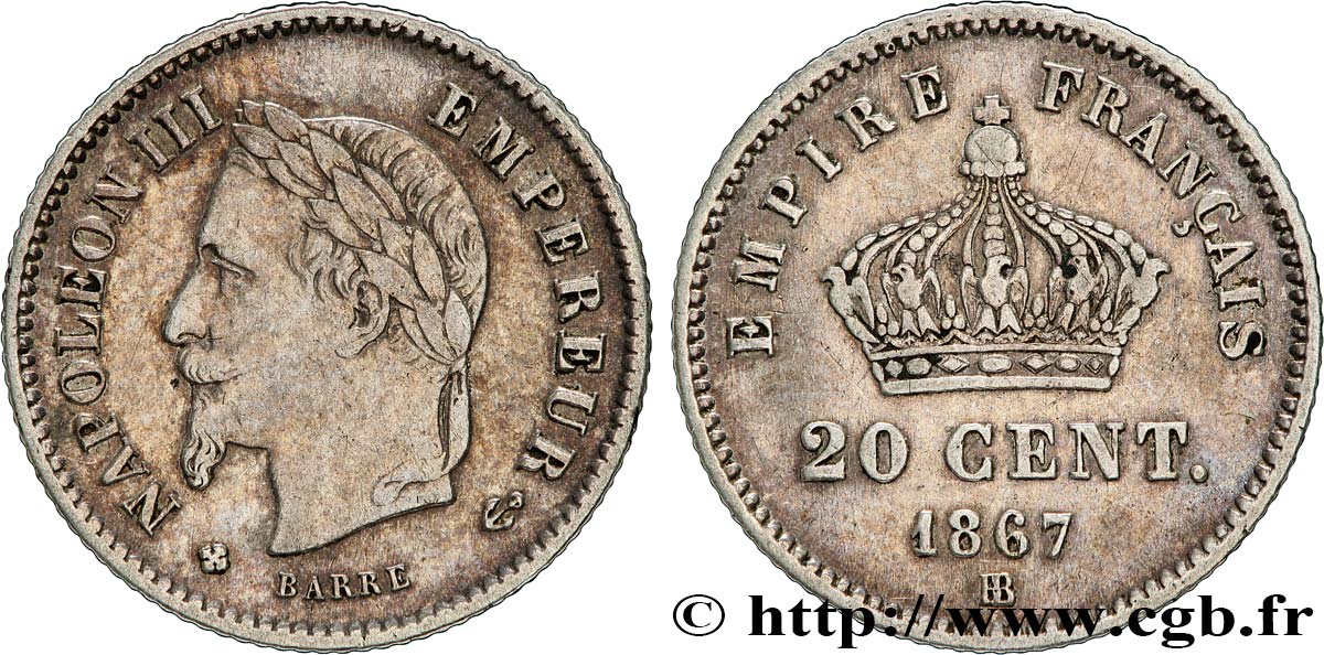 20 centimes Napoléon III, tête laurée, grand module 1867 Strasbourg F.150/2 MBC 
