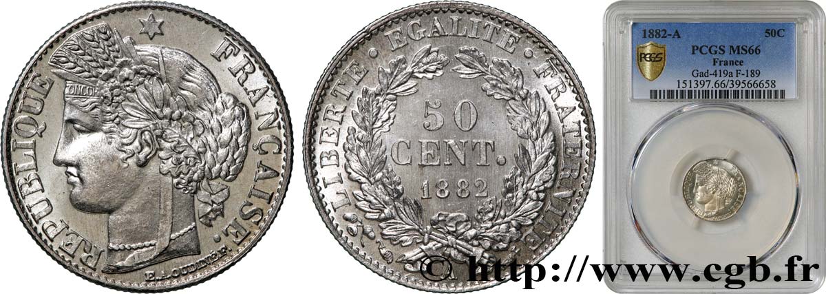 50 centimes Cérès, IIIe République 1882 Paris F.189/10 FDC66 PCGS