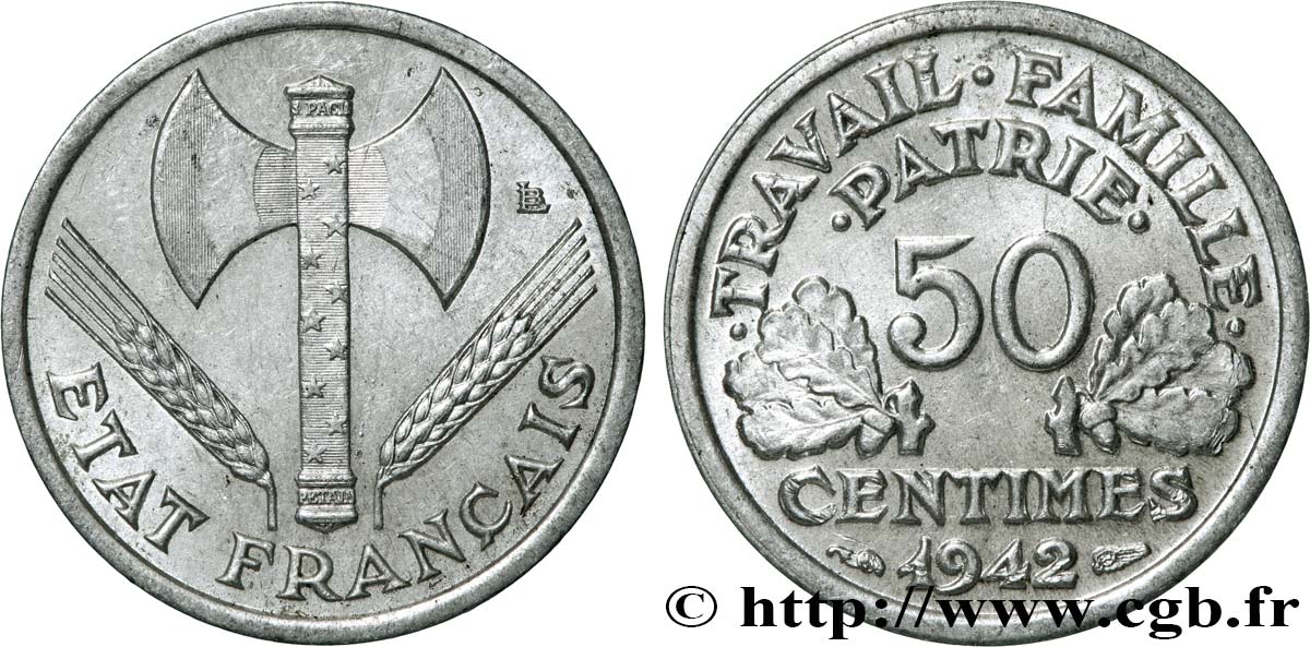 50 centimes Francisque, lourde 1942 Paris F.195/3 SUP62 