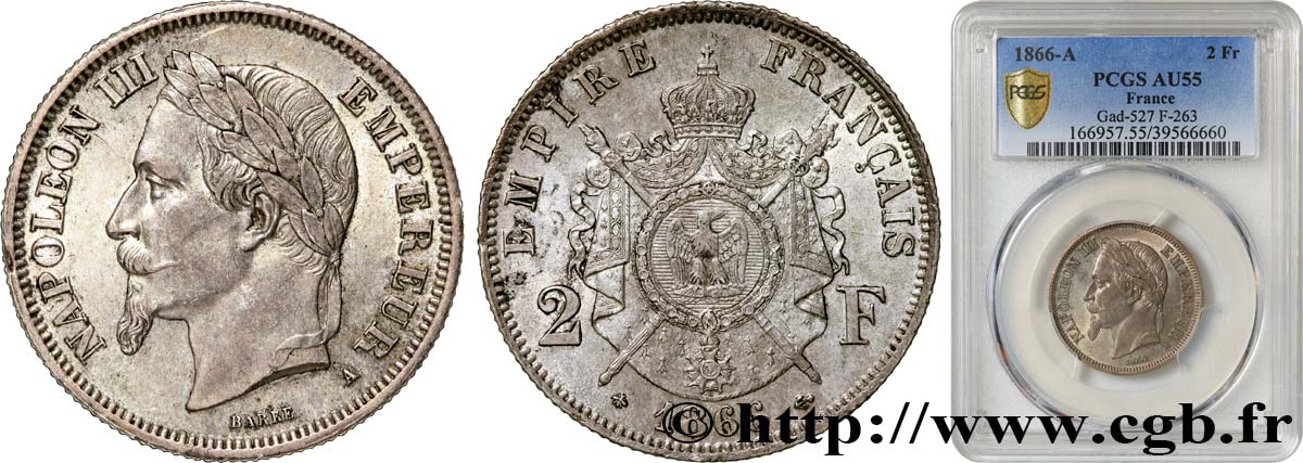 2 francs Napoléon III, tête laurée 1866 Paris F.263/2 AU55 PCGS