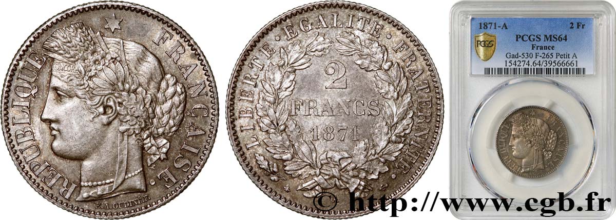 2 francs Cérès, avec légende 1871 Paris F.265/5 SPL64 PCGS