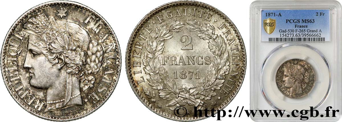 2 francs Cérès, avec légende 1871 Paris F.265/3 SC63 PCGS
