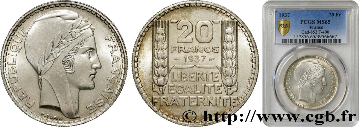 20 francs Turin 1937  F.400/8 ST65 PCGS