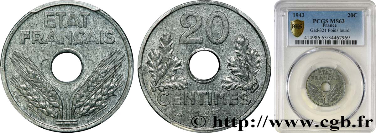 20 centimes État français, lourde 1943  F.153/5 MS63 PCGS