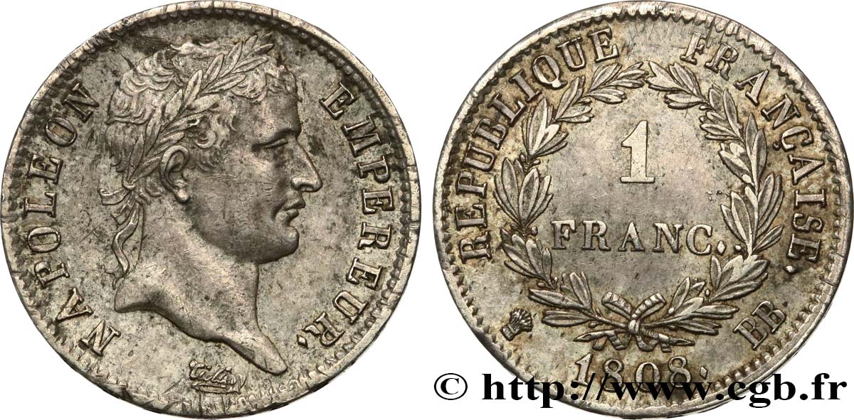 1 franc Napoléon Ier tête laurée, République française 1808 Strasbourg F.204/4 BB53 