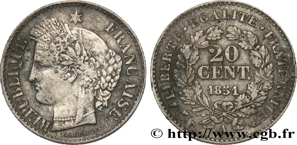 20 centimes Cérès, IIe République 1851 Paris F.146/7 BC25 