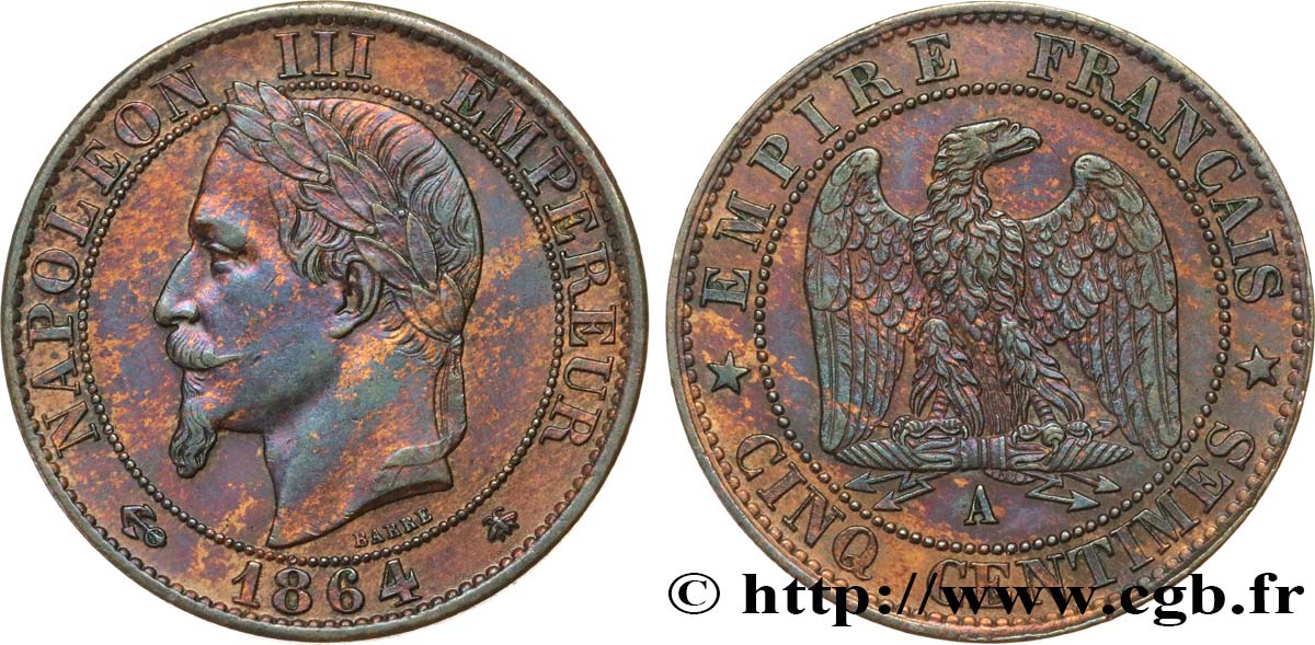 Cinq centimes Napoléon III, tête laurée 1864 Paris F.117/13 AU53 