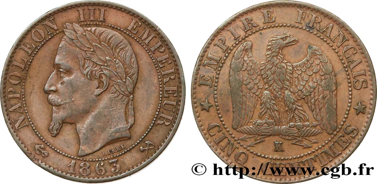 Cinq centimes Napoléon III, tête laurée 1863 Bordeaux F.117/12 XF45 
