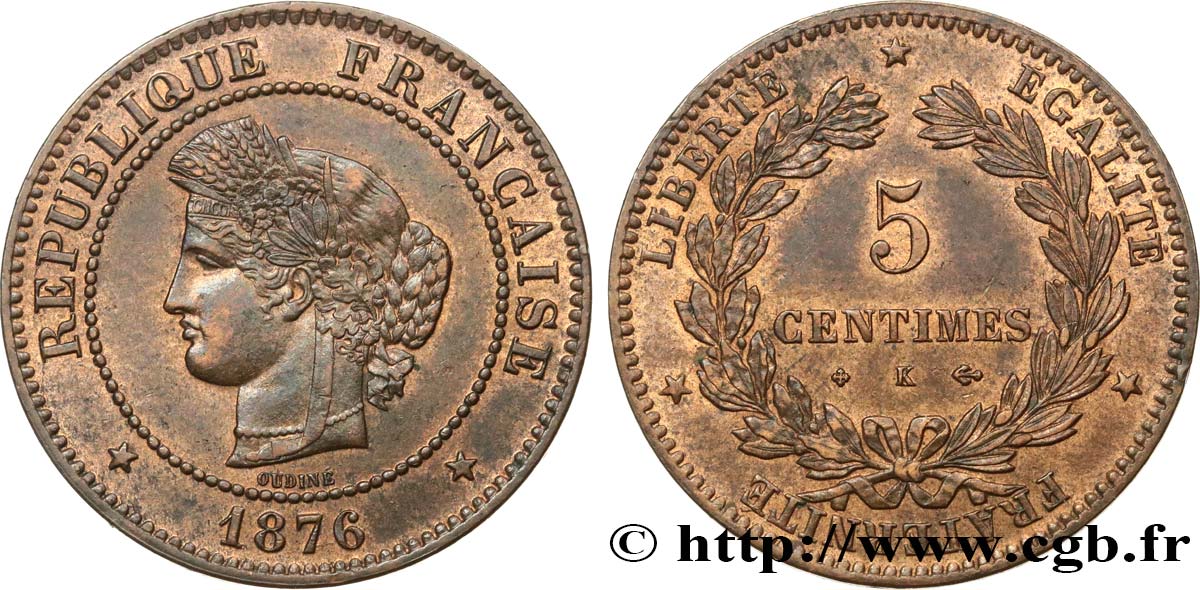 5 centimes Cérès 1876 Bordeaux F.118/14 AU53 