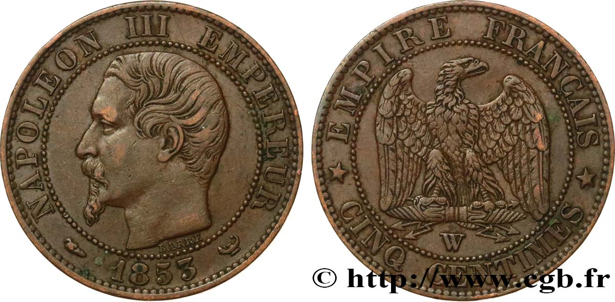 Cinq centimes Napoléon III, tête nue 1853 Lille F.116/7 TTB45 