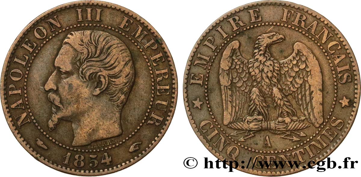 Cinq centimes Napoléon III, tête nue 1854 Paris F.116/8 TB35 