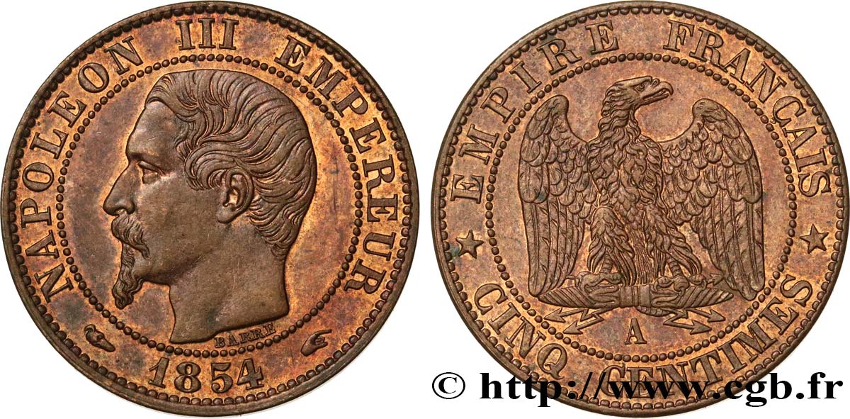 Cinq centimes Napoléon III, tête nue 1854 Paris F.116/8 SUP58 