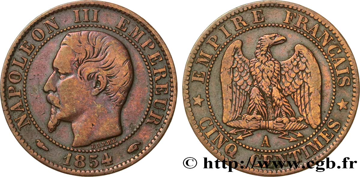 Cinq centimes Napoléon III, tête nue 1854 Paris F.116/8 TB 