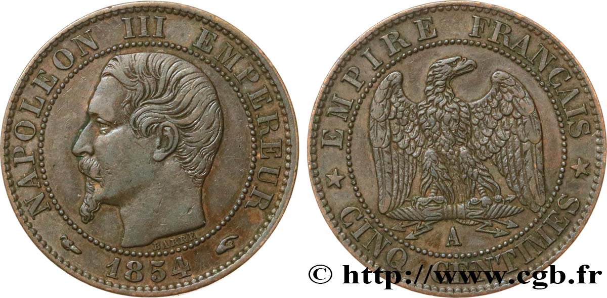 Cinq centimes Napoléon III, tête nue 1854 Paris F.116/8 XF45 