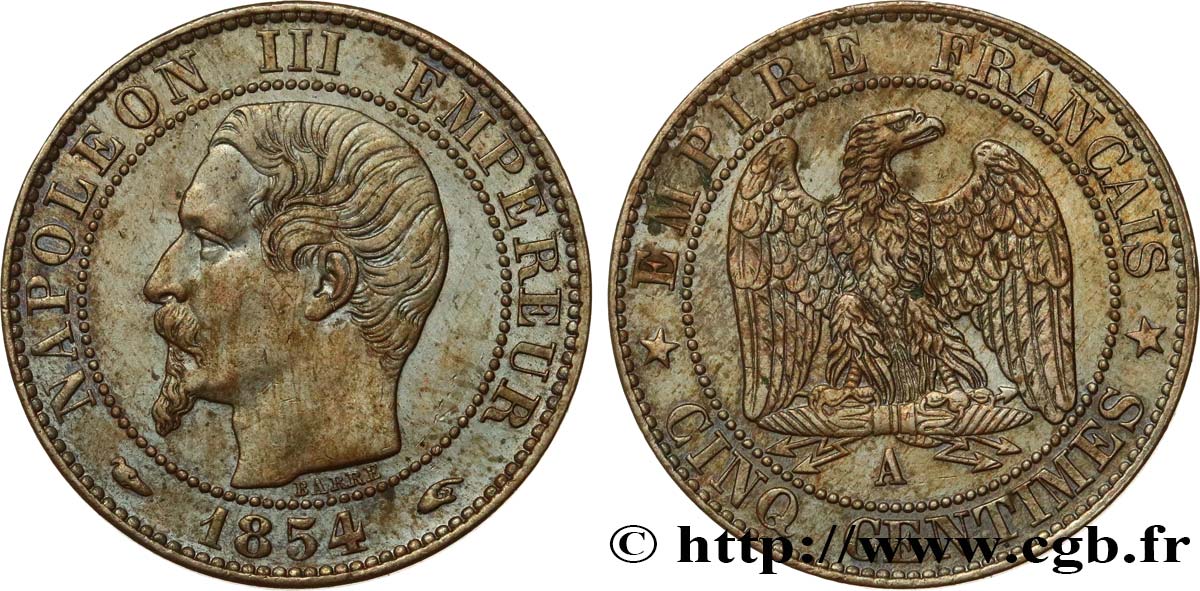 Cinq centimes Napoléon III, tête nue 1854 Paris F.116/8 TTB+ 