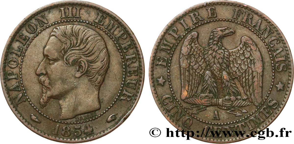 Cinq centimes Napoléon III, tête nue 1854 Paris F.116/8 BC35 