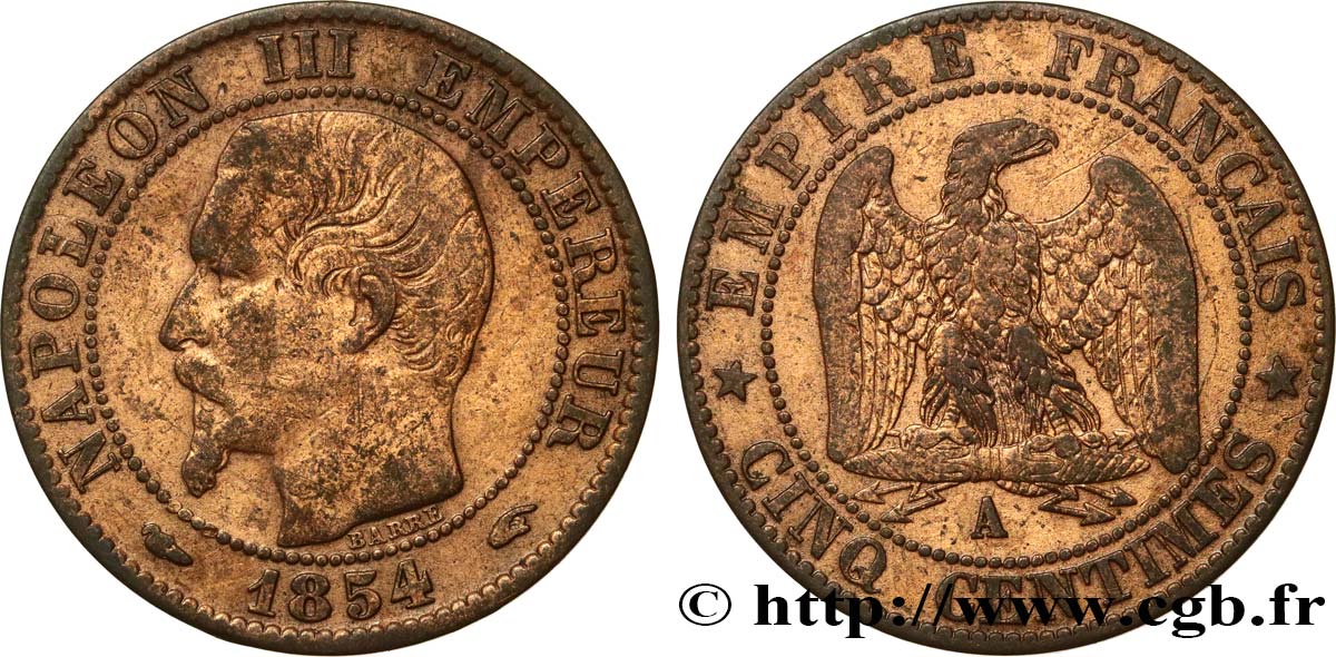 Cinq centimes Napoléon III, tête nue 1854 Paris F.116/8 MB 