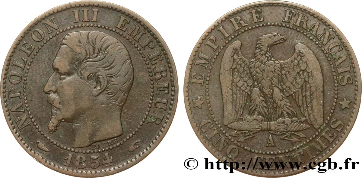 Cinq centimes Napoléon III, tête nue 1854 Paris F.116/8 TB30 