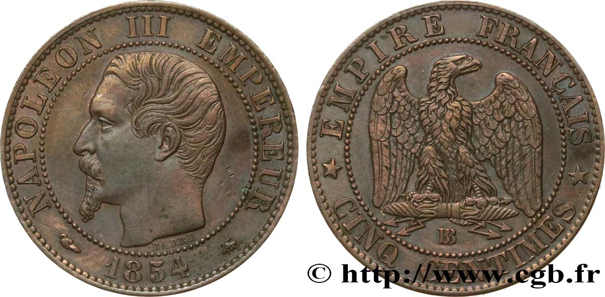 Cinq centimes Napoléon III, tête nue 1854 Strasbourg F.116/10 TTB53 