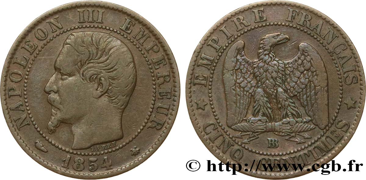 Cinq centimes Napoléon III, tête nue 1854 Strasbourg F.116/10 BC30 