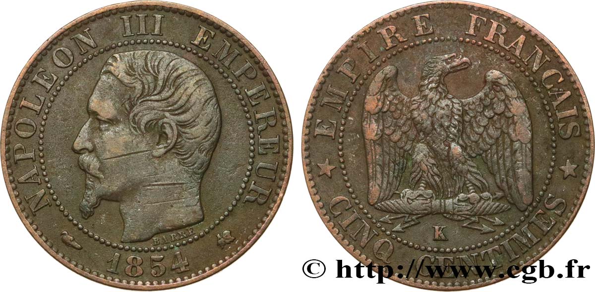 Cinq centimes Napoléon III, tête nue 1854 Bordeaux F.116/13 VF 