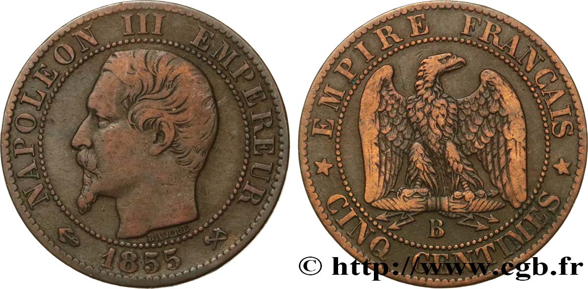 Cinq centimes Napoléon III, tête nue 1855 Rouen F.116/19 BC25 