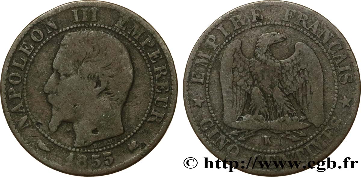 Cinq centimes Napoléon III, tête nue 1855 Bordeaux F.116/24 RC 