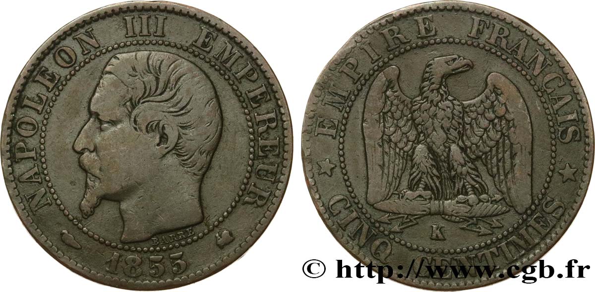 Cinq centimes Napoléon III, tête nue 1855 Bordeaux F.116/24 F 