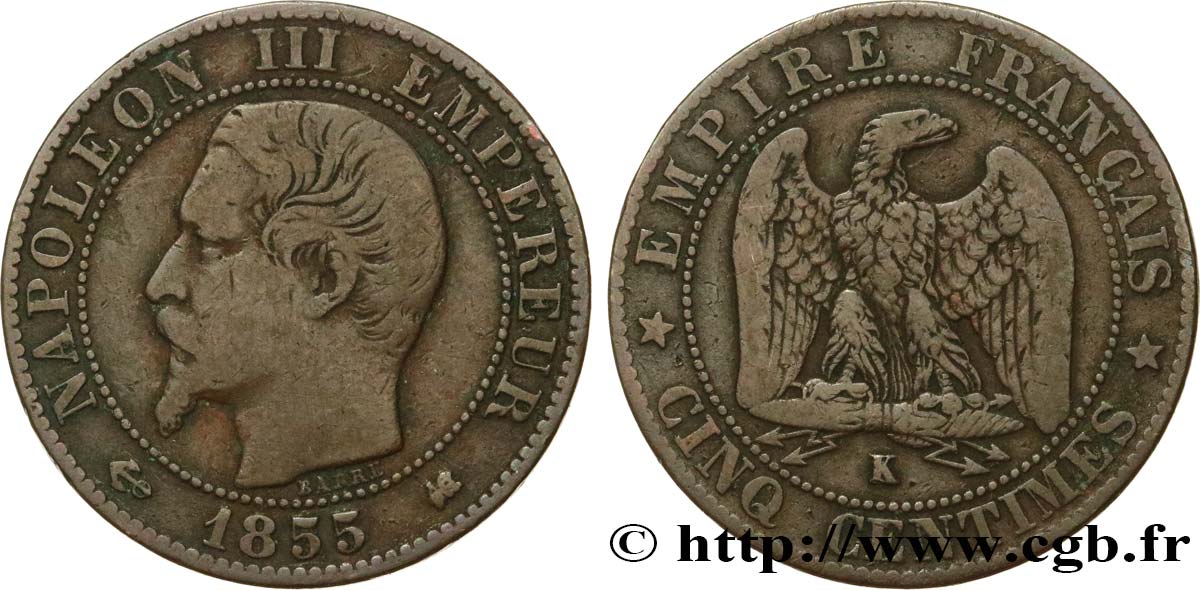 Cinq centimes Napoléon III, tête nue 1855 Bordeaux F.116/25 TB15 