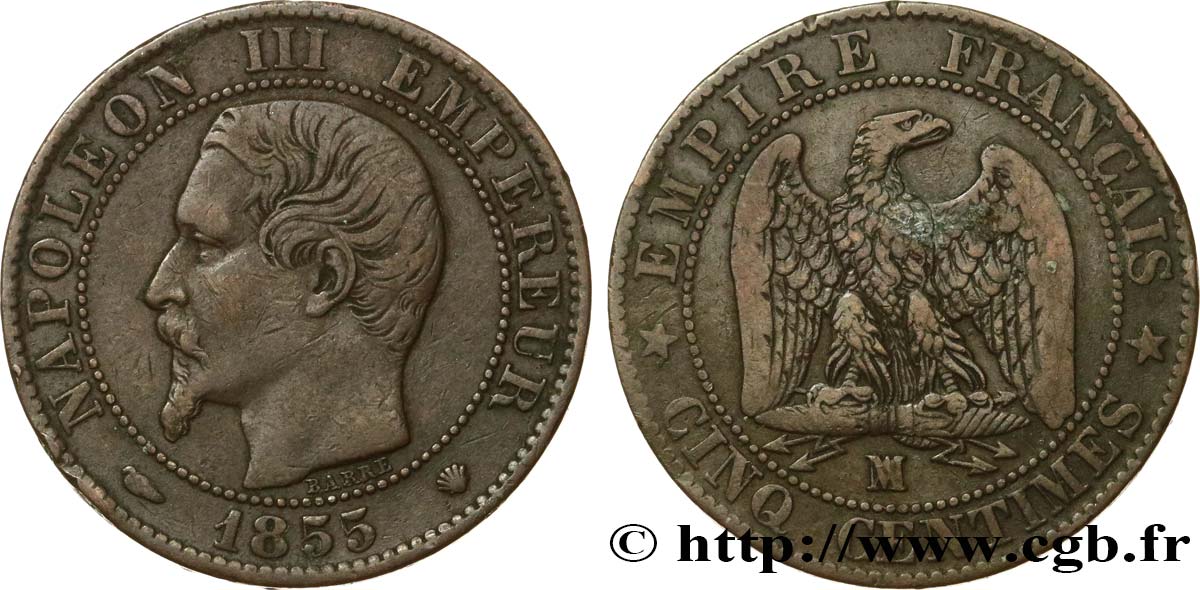 Cinq centimes Napoléon III, tête nue 1855 Marseille F.116/26 TB30 