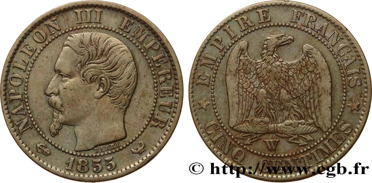 Cinq centimes Napoléon III, tête nue 1855 Lille F.116/29 TB+ 