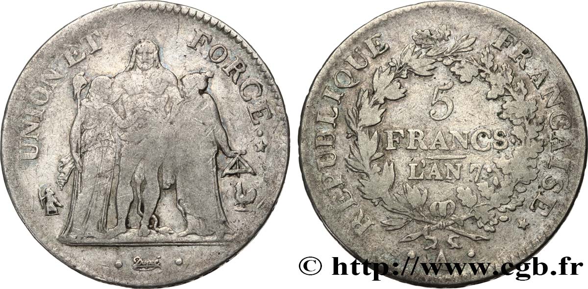 5 francs Union et Force, Union serré, seulement gland extérieur 1799 Paris F.288/98 MB25 