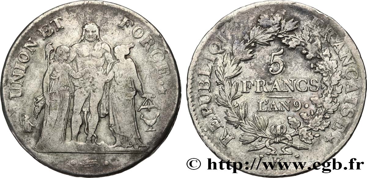 5 francs Union et Force, Union serré, avec glands intérieurs et gland extérieur 1801 Bordeaux F.288/159 BC 
