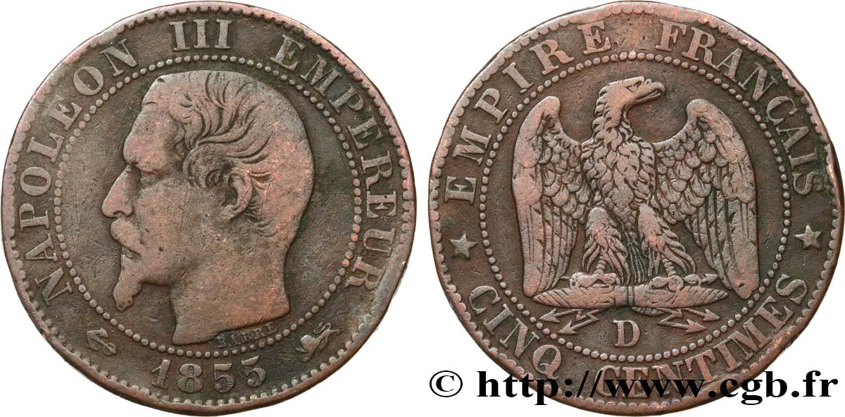 Cinq centimes Napoléon III, tête nue 1855 Lyon F.116/23 VF 