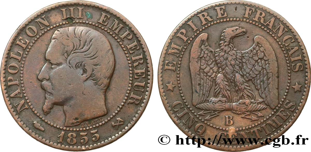 Cinq centimes Napoléon III, tête nue 1855 Rouen F.116/18 TB25 