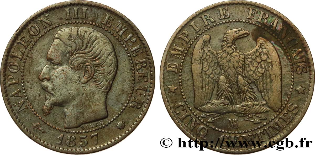 Cinq centimes Napoléon III, tête nue 1857 Marseille F.116/42 MB 
