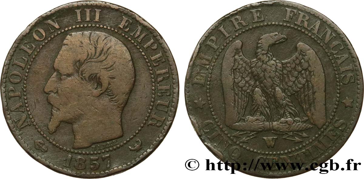 Cinq centimes Napoléon III, tête nue 1857 Lille F.116/43 TB15 