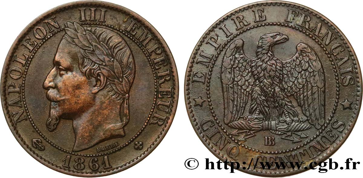 Cinq centimes Napoléon III, tête laurée 1861 Strasbourg F.117/5 SS50 
