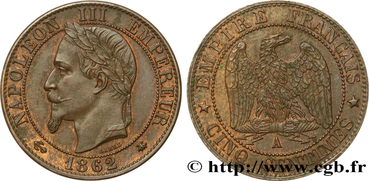 Cinq centimes Napoléon III, tête laurée 1862 Paris F.117/7 AU55 