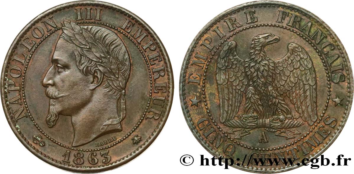 Cinq centimes Napoléon III, tête laurée 1863 Paris F.117/10 SS50 