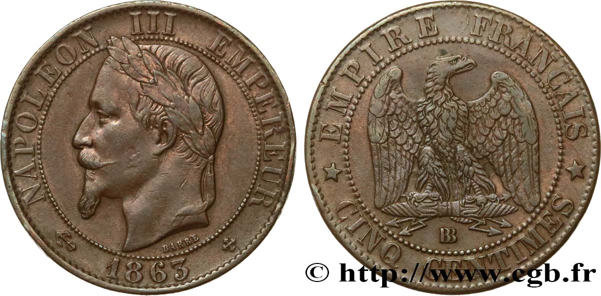Cinq centimes Napoléon III, tête laurée 1863 Strasbourg F.117/11 MBC 