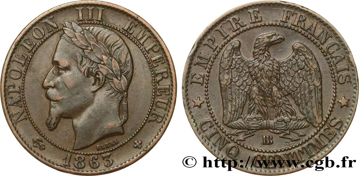 Cinq centimes Napoléon III, tête laurée 1863 Strasbourg F.117/11 MBC40 