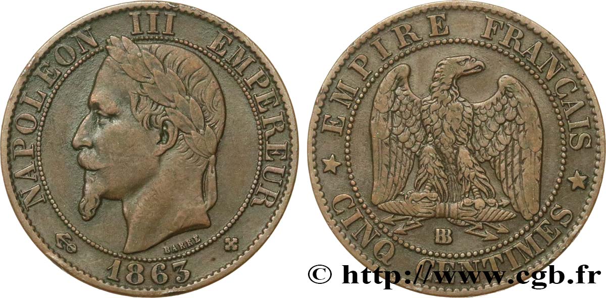 Cinq centimes Napoléon III, tête laurée 1863 Strasbourg F.117/11 MB35 